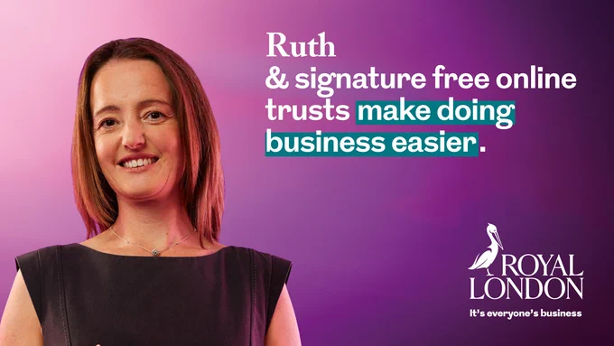 An image of a woman on a purple background. A white Royal London logo sits in the bottom right corner. A text title overlay reads Ruth & signature free online trusts make doing business easier.