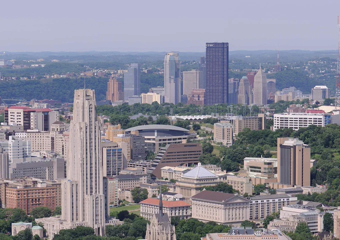 University of Pittsburgh Oakland campus with City of Pittsburgh in the distance. 