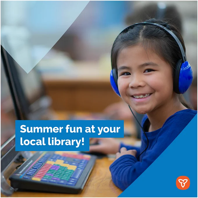A young girl doing an activity on a library computer. Title: Summer fun at your local library!  