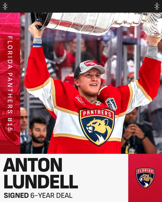 Top: Anton Lundell on ice in a Panthers uniform holding the Stanley Cup.

Bottom: Black text on a white background next to Florida Panthers logo reading, "Anton Lundell #15, Signed six-year deal".
