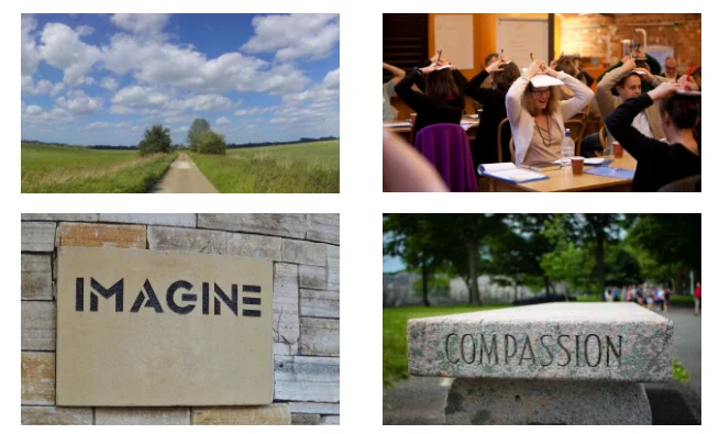 Images clockwise from top left
Country lane heading to the horizon - Hilary Jennings
People drawing with paper on their heads - Paul Clarke 
Stone bench with Compassion carved into it - Dave Lowe on Unsplash 
Wooden sign saying imagine - Belinda Fewings on Unsplash
