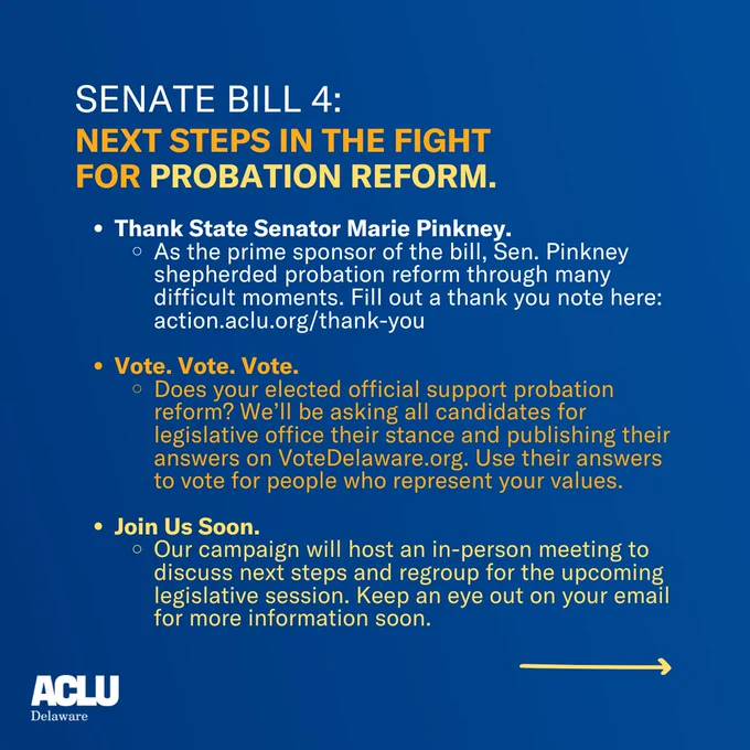 Next Steps in the fight for probation reform: Thank State Senator Marie Pinkney. As the prime sponsor of the bill, Sen. Pinkney shepherded probation reform through many difficult moments. We want to thank her, by encouraging you to fill out a thank you note here.  Vote. Vote. Vote. Does your elected official support probation reform? We’re going to be asking all candidates for legislative office their stance and publishing their answers on VoteDelaware.org. Use their answers to be certain you and your network vote for people who represent your values.  Join Us Soon. Our campaign will host an in-person meeting to discuss next steps and regroup for the upcoming legislative session. Keep an eye out on your email for more information soon. 