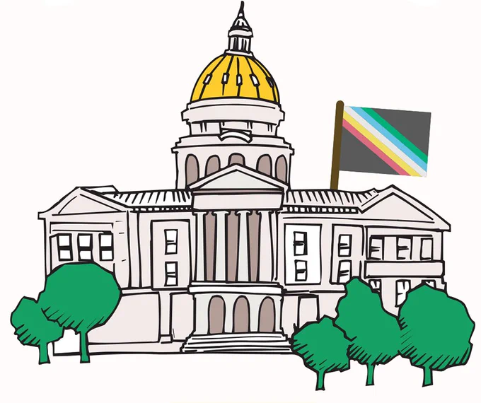 A stylized illustration of the Minnesota State Capitol building. In the foreground are green trees. The Disability Pride flag flies from the right side of the building.