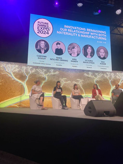 Simplifyber CEO Maria Intscher-Owrang speaking on a panel at Future Fabrics Expo 2024 in London