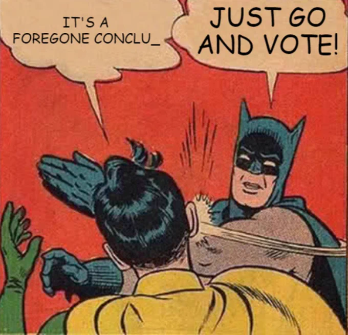 Batman and Robin meme
Cartoon-style Batman slaps Robin across the face.
Text -
Robin: It's a foregone conclu_
Batman: Just go and vote!
