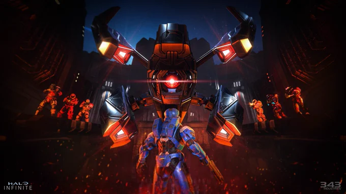 A blue mutliplayer Spartan facing down a giant Sentry in the new Big Team Battle Sentry Defense mode