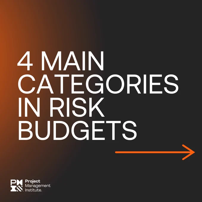 Graphic with text stating "4 main categories in risk," with an orange arrow pointing right, and the logo of the Project Management Institute in the bottom left corner.
