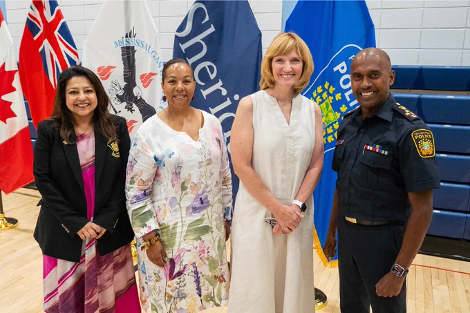 L-R: Sumeeta Kohli, Vice-Chair of the Peel Regional Police Services Board, MPP Charmaine Williams, Associate Minister of Women's Social and Economic Opportunity, Janet, Nishan Duraiappah, Chief of Police, Peel Regional Police