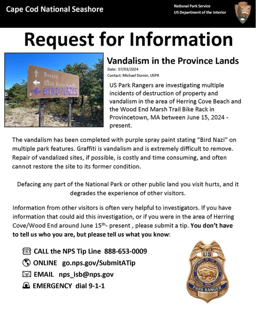 Flyer with text for requests for information for recent vandalism in the park.