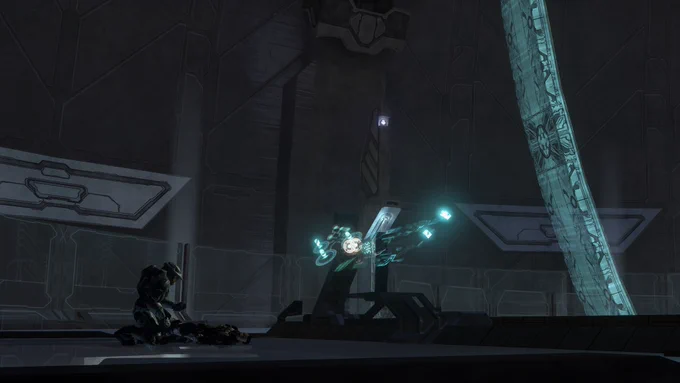 Halo 3 screenshot of the Master Chief by Avery Johnson's side as he dies in Installation 08's control room