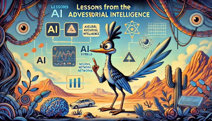 An illustration depicting lessons from the Roadrunner about adversarial intelligence. The clever Roadrunner character is in a tech-themed environment, interacting with digital elements like AI symbols, neural networks, and data streams. The background blends nature and technology, representing the application of adversarial intelligence.