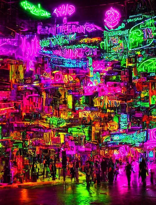 An AI generated image of a street full of bright neon lights