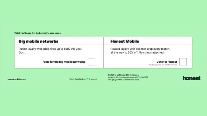 A mocked up ballot paper. Two choices: the big mobile networks, who punish loyalty with price hikes up to 8.8% this year, and Honest, who rewards loyalty with bills that drop every month. Order by 10PM today with code VOTEHONEST2 to get your first two months half price.
