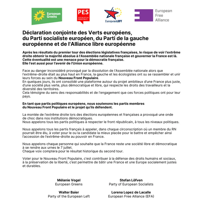 Déclaration conjointe des Verts européens, 
du Parti socialiste européen, du Parti de la gauche 
européenne et de l'Alliance libre européenne