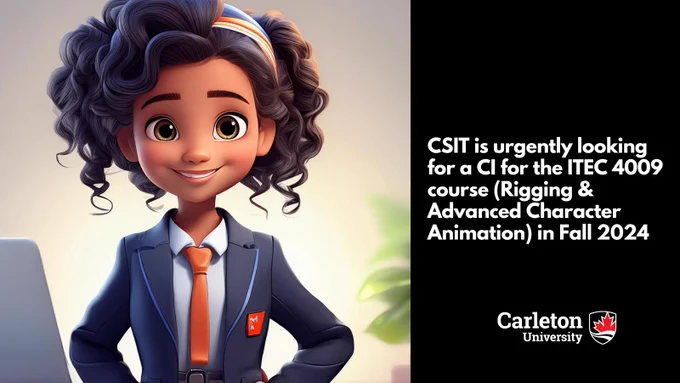 Animated character, a girl in a suit and with curly ponytail, standing and smiling.