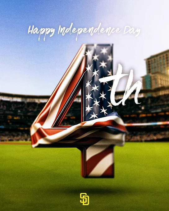 Graphic celebrating 4th of July. The background of the graphic is a photo of Petco Park. Text at the top of the graphic reads "Happy Independence Day". Below that, there is a number 4 floating in the outfield of Petco Park. The American flag is wrapped around the number 4 for 4th of July. Below that, there is a gold SD logo.