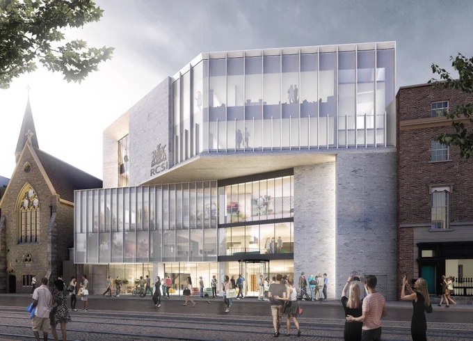 A rendered image of a futuristic building which is mostly windows. The RCSI logo is seen worked into the stonework of the front piece of the building that juts out on the top floors. People walk by. A church building sits beside the building. 