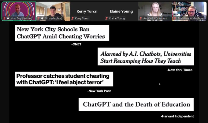 Screenshot from The Data Ethics Club Zoom meeting with 6 participants at the top of the image and a presentation slide containing headlines about ChatGPT and education 