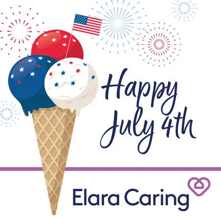 Red, white and blue scoops of ice cream on a sugar cone with fireworks bursting in the background, next to text "Happy July 4th"