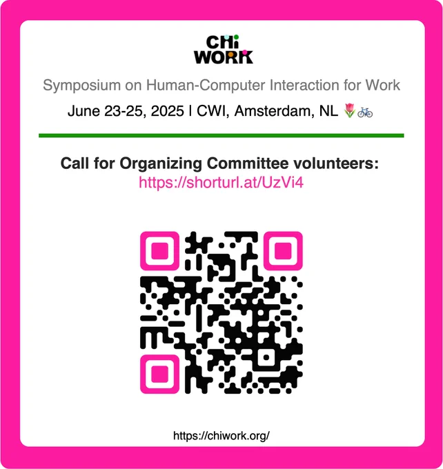 Image inviting people to serve on the organizing committee for CHIWORK 2025, shows URL link and QR code