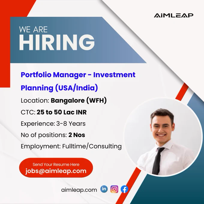 Portfolio Manager - Investment Planning (USA/India)
Experience: 4- 8 years 
Location: Bangalore (WFH)
CTC: 25 to 50 Lac INR 
Engagement model: Full time/Consulting
No of positions: 2 
Educational qualifications: Finance/Accounting
Industry: IT-ITES 
Notice Period: Immediate 

Expertise in financial analysis, investment strategy, and client advisory to manage and optimize client investment portfolios.
Certifications such as CPA/CFP (USA) or CA/CFA/FRM (India).

Responsibilities:

Design, implement, and manage investment portfolios tailored to clients' financial goals, risk tolerance, and time horizons.
Monitor portfolio performance, adjusting as needed to optimize returns and manage risk.
Develop and maintain strong relationships with clients, understanding their financial needs and objectives.
Conduct periodical reviews with clients to discuss portfolio performance, market conditions, and potential adjustments.
Create and recommend investment strategies based on thorough market analysi