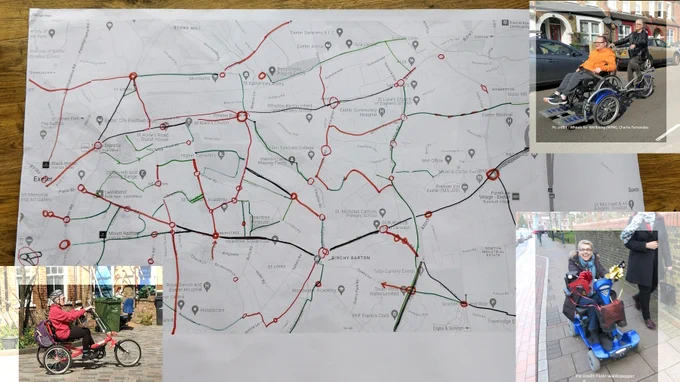 map of east Exeter with some roads highlighted in red, green and black, also with photos of people using disabled adapted cycles or mobility scooters

