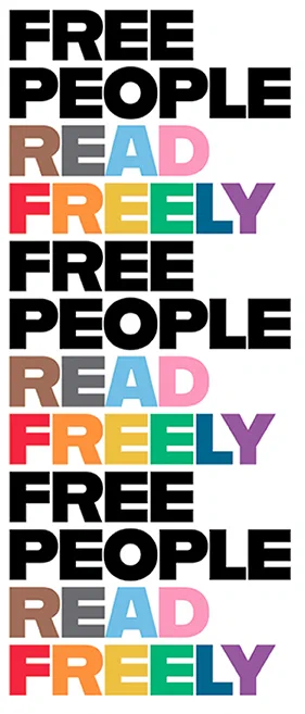 Aligned vertically, it reads "Free People read Freely." The pattern repeats three times with the letters in "Free People" shown in black and in "Read Freely" shown in a variety of bright colors.