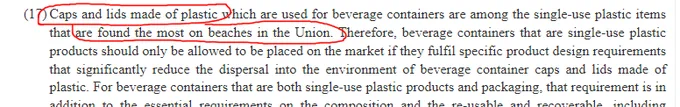 Screenshot of part of the EU directive which states "Caps and lids made of plastic [...] are found most on beaches in the Union."