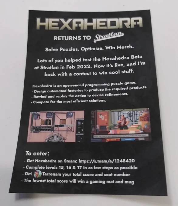 Picture of the Hexahedra flyer found on desks at Stratlan, with contest details.