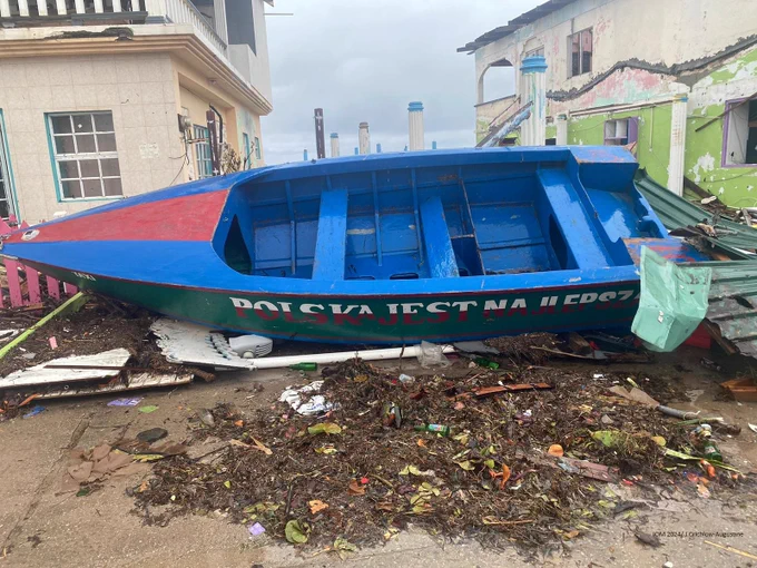 Fishing boat in a street on Union Island, St Vincent & the Grenadines, after the passage of Hurricane Beryl.  Livelihoods have been affected by this powerful hurricane.
