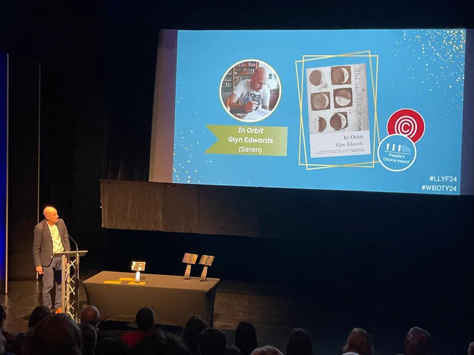 Glyn Edwards on stage at Wales Book of the Year
