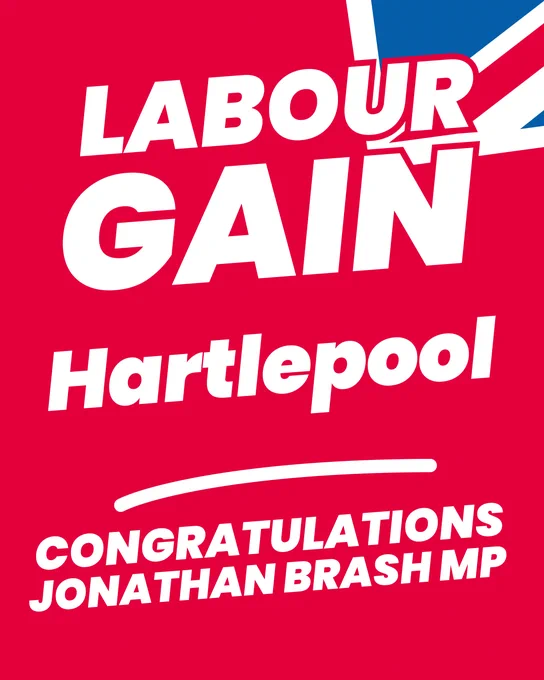 A graphic with text reading: Labour Gain Hartlepool, congratulations Jonathan Brash MP