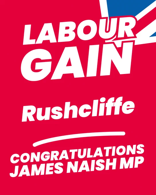 A graphic with text reading: Labour Gain Rushcliffe, congratulations James Naish MP