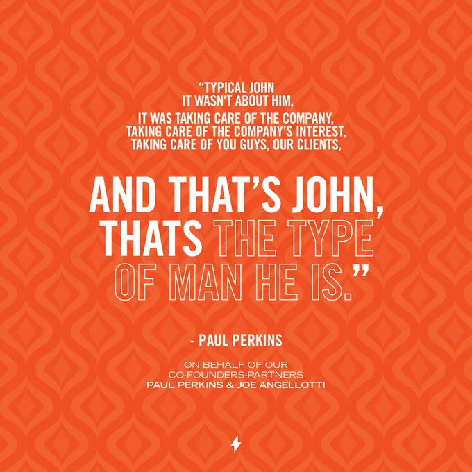 The image features a quote attributed to Paul Perkins and Joe Angellotti, praising "John" for his caring nature and client-oriented approach, set against a bright orange background with a geometric pattern.