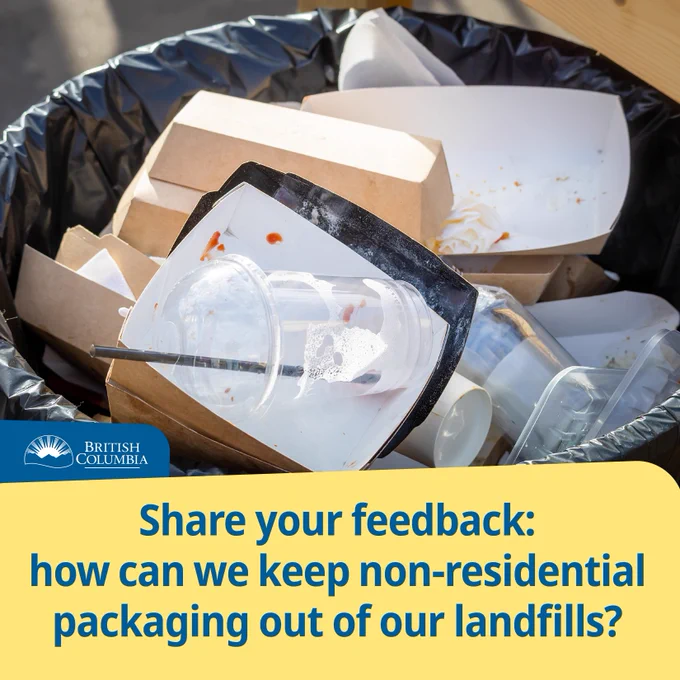 Paper and recycling products in a landfill garbage can. Text reads: "Share your feedback: how can we keep non-residential packaging out of landfills?"