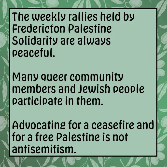 The weekly rallies held by Fredericton Palestine Solidarity are always peaceful. Many queer people and Jewish people participate in them. Advocating for a ceasefire and for a free Palestine is not antisemitism. 