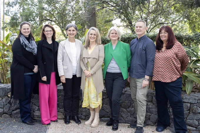 Photo Description: [L-R] COSS network directors, Cara Varian (NCOSS), Juanita Pope (VCOSS), Adrienne Picone (TasCOSS), Cassandra Goldie AO (ACOSS), Ross Womersley (SACOSS) and Louise Giolitto (WACOSS). Devin Bowles (ACTCOSS ), Sally Sievers (NTCOSS) and Edwina MacDonald (ACOSS) jointed remotely.