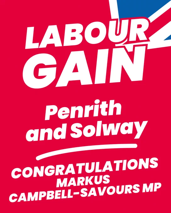 A graphic with text reading: Labour Gain Penrith and Solway, congratulations Markus Campbell-Savours MP