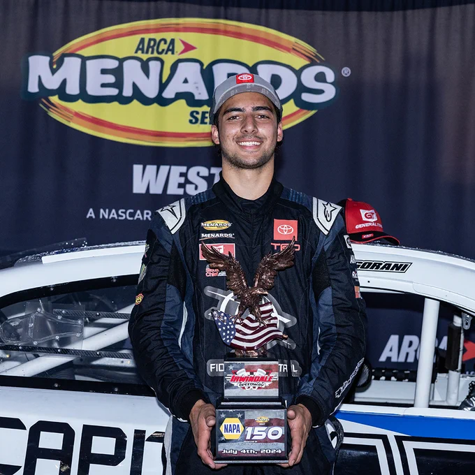 Sean Hingorani, driver of the No. 15 Fidelity Capital Toyota, celebrates after winning the NAPA Auto Parts 150 pres. by West Coast Stock Car Motorsports Hall of Fame at Irwindale Speedway on July 4, 2024. 