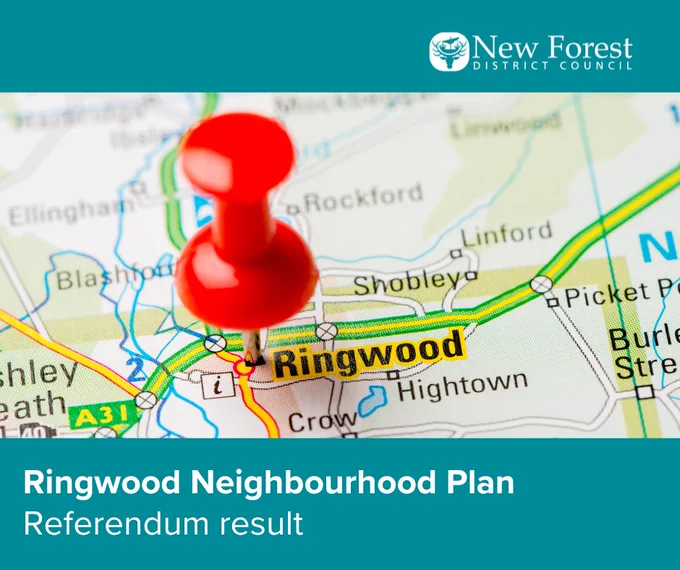 A map of Ringwood with a pin marker. Text reads: "Ringwood Neighbourhood Plan, referendum result."