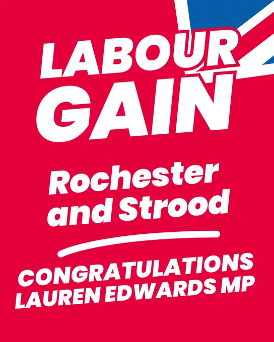 A graphic with text reading: Labour Gain Rochester and Strood, congratulations Lauren Edwards MP