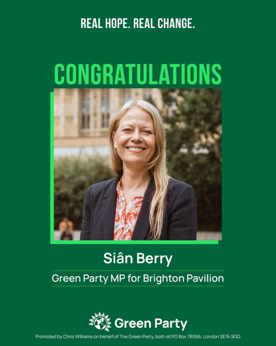 REAL HOPE. REAL CHANGE. CONGRATULATIONS  Siân Berry  Green Party MP for Brighton Pavilion  Green Party  Promoted by Chris Williams on behalf of The Green Party, both at PO Box 78066, London SE16 9GQ   With photo of Siân Berry 
