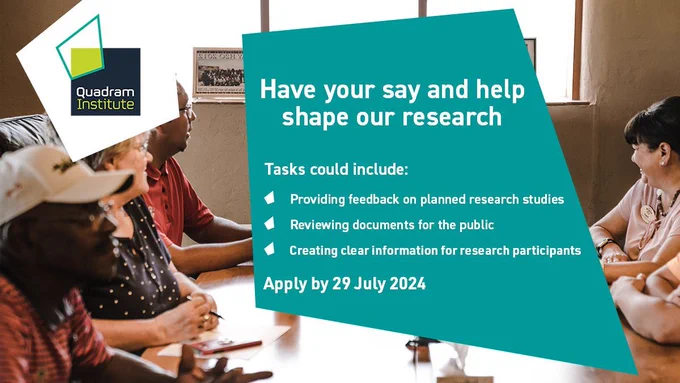 A social card with a photo of a group of people around the table, the text on the social card reads "Have your say and help shape our research. Task could include: Providing feedback on planned research studies, Reviewing documents for the public, Creating clear information for research participants. Apply by 29 July 2024.