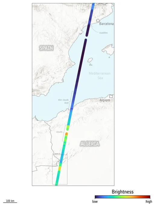 This image shows the measured brightness in the forward view along EarthCARE’s orbital path across the western Mediterranean, around a 1300 km stretch from northern Spain to Algeria. This brightness indicates how much solar energy is reflected back to space. While the data show a distinct transition between the coast of Spain and the Mediterranean Sea, there is little difference over the open sea. The switch from darker to brighter colours closer to the Algerian coast is down to the presence of aerosols and thin cloud.