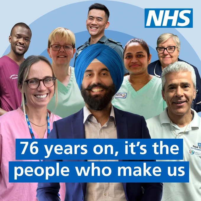 Text: 76 years on, it's the people who make us. Image: A wide range of smiling staff in different uniforms are displayed showcasing the many roles available across the NHS. 