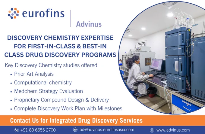 At Eurofins Advinus, we offer comprehensive suite of discovery chemistry services to help advance your research to the next milestone. 
Our key services include - 
🔶 Prior Art Analysis - ensuring your work builds on a strong foundation with through and insightful analysis of existing literature.
🔶 Computational Chemistry - using advanced tools to predict molecular properties and behavior, saving time and resources.
🔶 Medchem Strategy Evaluation - Providing expert evaluation to refine your medicinal chemistry strategies for optimal outcomes. 
🔶 Proprietary Compound Design and Delivery - we craft unique and precise compounds to meet your needs.
🔶 Complete Discovery Workplan with Milestones - provide detailed and structured plan from inception to success with clear milestones to track progress. 