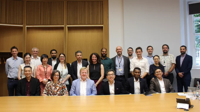A group photo from UCL's round table discussions with Tsinghua Medicine delegations. 

Only the first row is listed: From left to right, Prof Kee Keh Kooi, Assistant Chancellor and Professor in the School of Basic Medicine at Tsinghua Medicine, Prof Paola Lettieri, UCL Vice-President for Strategy and Pro-Provost of UCL East, Prof Geraint Rees, UCL Vice-Provost for Research, Innovation & Global Engagement, Prof Wong Tienyin, Founding Head and Chair Professor at Tsinghua Medicine and Vice Provost at Tsinghua University, Prof Ibrahim Abubakar, UCL Pro-Provost for Health and Dean of the Faculty of Population Sciences, and Mr. Sim Zhi Min, Director of International Partnerships Office at Tsinghua Medicine. 