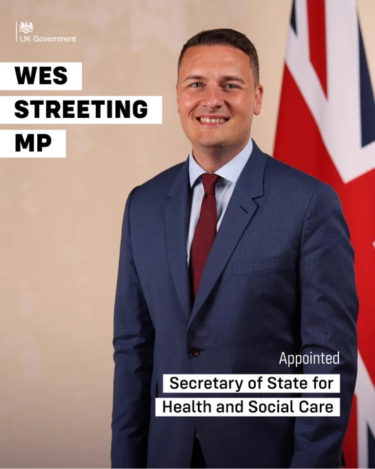 Wes Streeting MP appointed Secretary of State for Health and Social Care. 