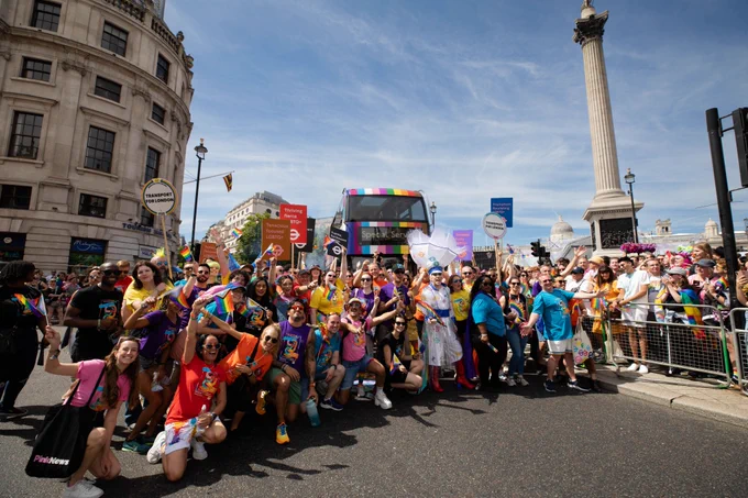 The Transport UK London Bus at Trafalgar Square as part of the Pride in London parade