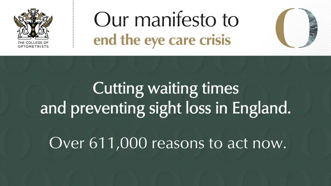 The image features a promotional banner with the text "Our manifesto to end the eye care crisis" at the top, followed by "Cutting waiting times and preventing sight loss in England." Below this, the text reads "Over 611,000 reasons to act now." The upper left corner displays a logo labeled "The College of Optometrists" with a heraldic crest. The design includes a simple color palette of teal, black, and white.
